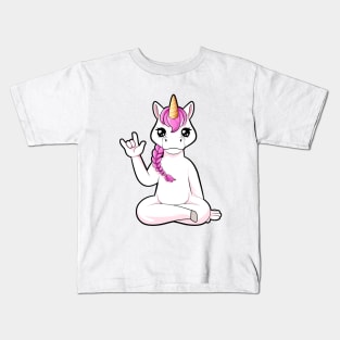 Cartoon unicorn shows I love you - ASL hand gesture Kids T-Shirt